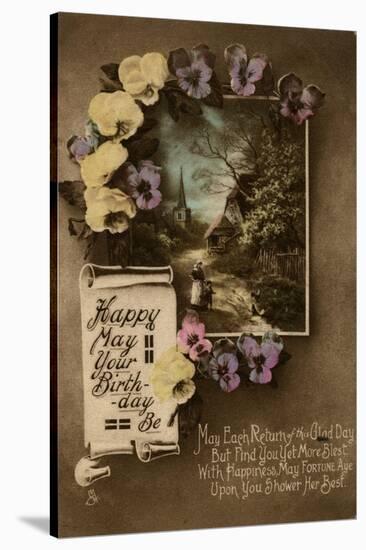 Happy May Your Birthday Be, Country Scene and Flowers-null-Stretched Canvas