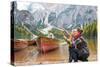 Happy Mother and Baby Pointing on Copy Space While on Lake Braies in South Tyrol, Italy-Mr Alliance-Stretched Canvas