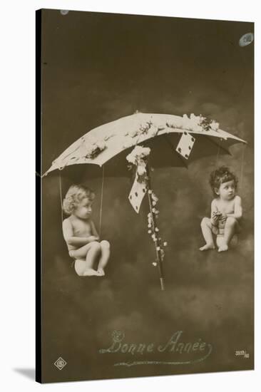 Happy New Year Card with Two Babies Hanging from an Umbrella, Sent in 1913-French Photographer-Stretched Canvas