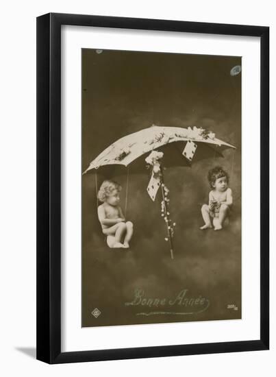 Happy New Year Card with Two Babies Hanging from an Umbrella, Sent in 1913-French Photographer-Framed Giclee Print