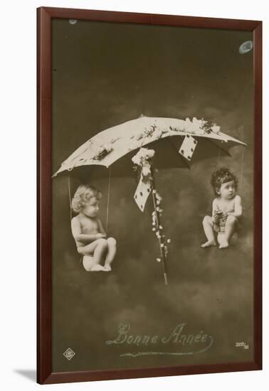 Happy New Year Card with Two Babies Hanging from an Umbrella, Sent in 1913-French Photographer-Framed Giclee Print