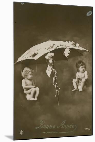 Happy New Year Card with Two Babies Hanging from an Umbrella, Sent in 1913-French Photographer-Mounted Giclee Print