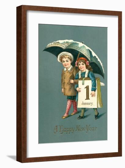 Happy New Year, Children with Calendar Page-null-Framed Art Print