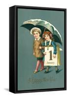 Happy New Year, Children with Calendar Page-null-Framed Stretched Canvas
