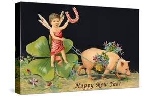 Happy New Year, Dragonfly-Boy with Pig-null-Stretched Canvas