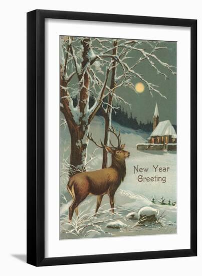 Happy New Year, Elk in Moonlight-null-Framed Art Print