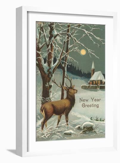 Happy New Year, Elk in Moonlight-null-Framed Art Print
