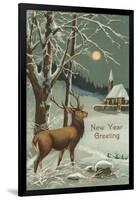Happy New Year, Elk in Moonlight-null-Framed Art Print