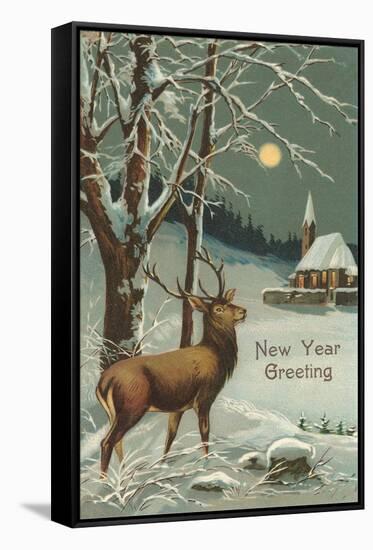 Happy New Year, Elk in Moonlight-null-Framed Stretched Canvas