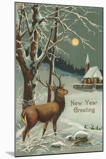 Happy New Year, Elk in Moonlight-null-Mounted Art Print