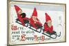 Happy New Year, Elves on Sleds-null-Mounted Art Print