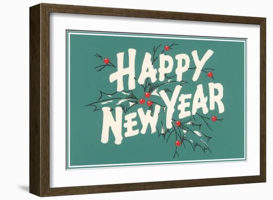 Happy New Year, Holly on Blue-Gray Background-null-Framed Art Print