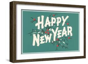 Happy New Year, Holly on Blue-Gray Background-null-Framed Art Print