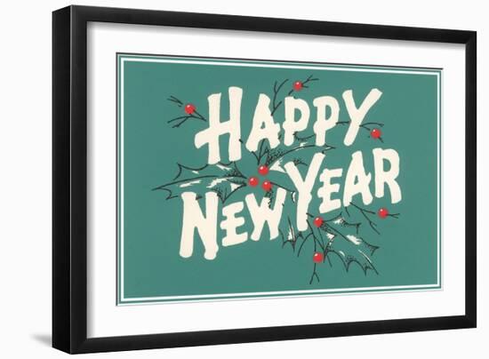 Happy New Year, Holly on Blue-Gray Background-null-Framed Art Print