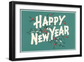 Happy New Year, Holly on Blue-Gray Background-null-Framed Art Print