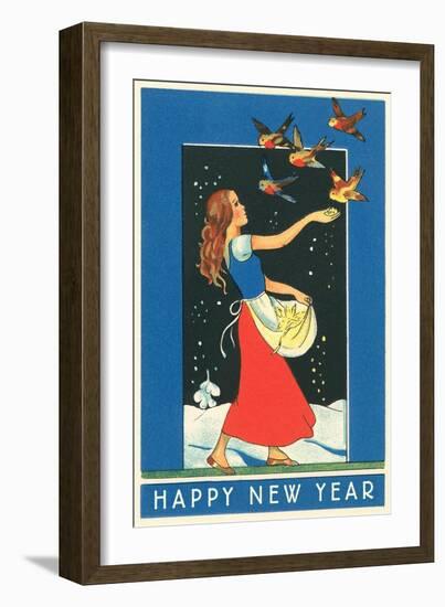 Happy New Year, Match Girl Feeding Birds-null-Framed Art Print