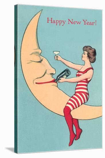 Happy New Year, Woman and Smiling Moon-null-Stretched Canvas