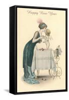 Happy New Year, Woman Kissing Cherub-null-Framed Stretched Canvas