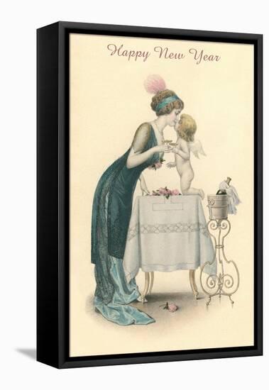 Happy New Year, Woman Kissing Cherub-null-Framed Stretched Canvas