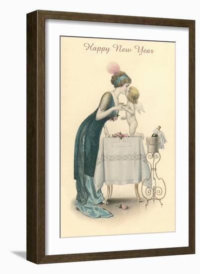 Happy New Year, Woman Kissing Cherub-null-Framed Art Print