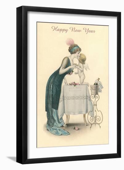 Happy New Year, Woman Kissing Cherub-null-Framed Art Print