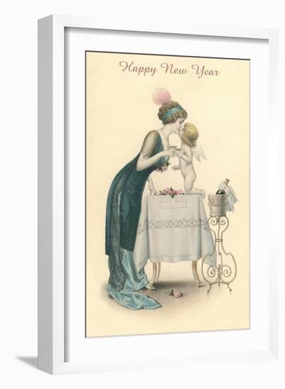 Happy New Year, Woman Kissing Cherub-null-Framed Art Print