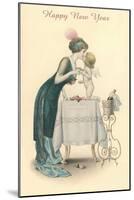 Happy New Year, Woman Kissing Cherub-null-Mounted Art Print