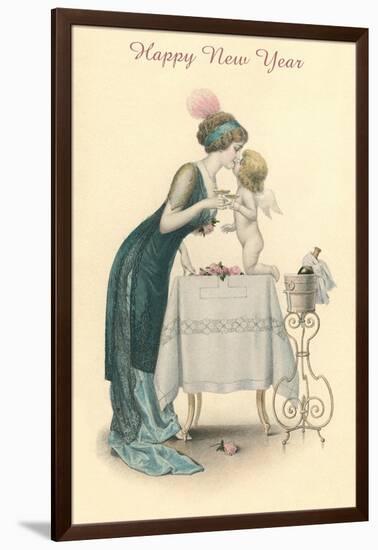 Happy New Year, Woman Kissing Cherub-null-Framed Art Print