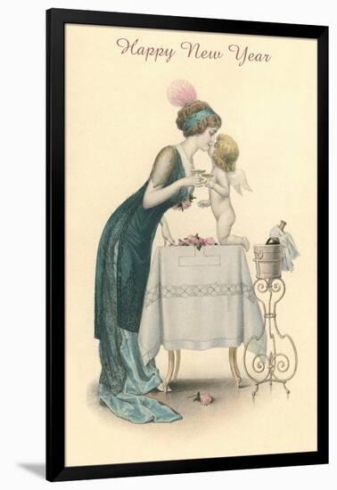 Happy New Year, Woman Kissing Cherub-null-Framed Art Print