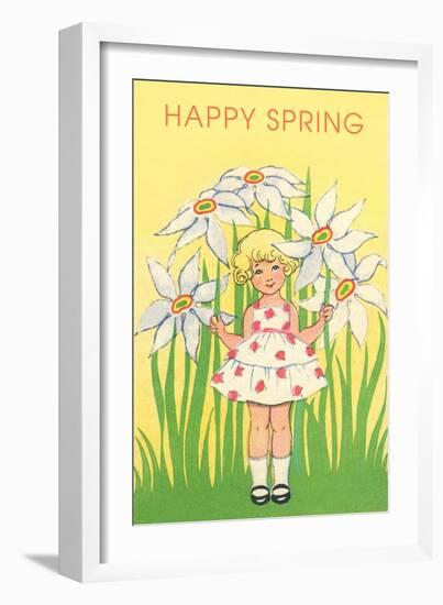 Happy Spring, Cute Little Girl with Big White Flowers-null-Framed Art Print