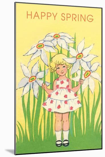 Happy Spring, Cute Little Girl with Big White Flowers-null-Mounted Art Print