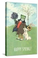 Happy Spring, Dressed Frog and Dog-null-Stretched Canvas