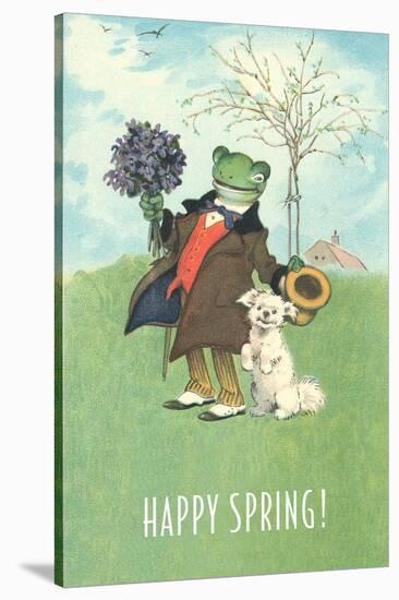 Happy Spring, Dressed Frog and Dog-null-Stretched Canvas