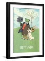 Happy Spring, Dressed Frog and Dog-null-Framed Art Print