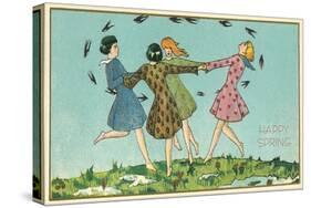 Happy Spring, Girls Playing Ring Around Rosie-null-Stretched Canvas
