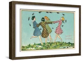 Happy Spring, Girls Playing Ring Around Rosie-null-Framed Art Print