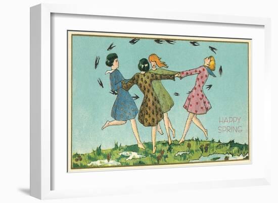 Happy Spring, Girls Playing Ring Around Rosie-null-Framed Art Print