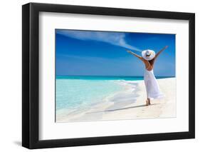 Happy Traveller Woman in White Dress Enjoys Her Tropical Beach Vacation-Sven Hansche-Framed Photographic Print