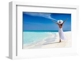 Happy Traveller Woman in White Dress Enjoys Her Tropical Beach Vacation-Sven Hansche-Framed Photographic Print