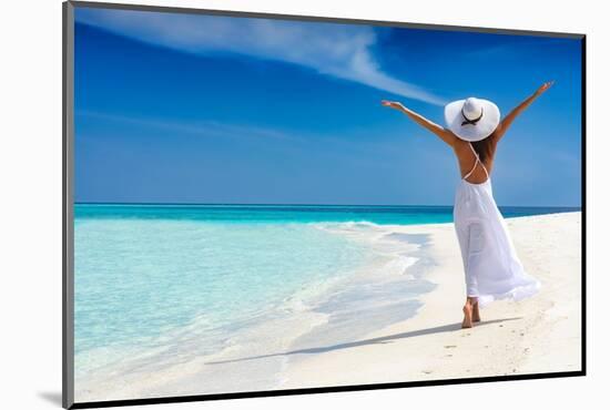 Happy Traveller Woman in White Dress Enjoys Her Tropical Beach Vacation-Sven Hansche-Mounted Photographic Print