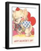 Happy Valentine's Day, Baby Elephant Riding Hobby Horse-null-Framed Art Print