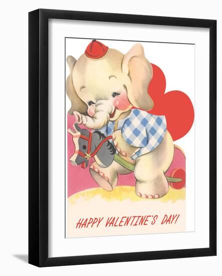 Happy Valentine's Day, Baby Elephant Riding Hobby Horse-null-Framed Art Print