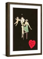 Happy Valentines Day, Flapper Popping Champagne Bottle-null-Framed Art Print