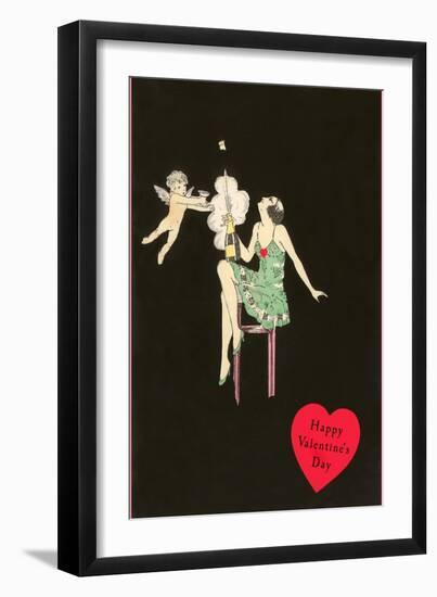 Happy Valentines Day, Flapper Popping Champagne Bottle-null-Framed Art Print