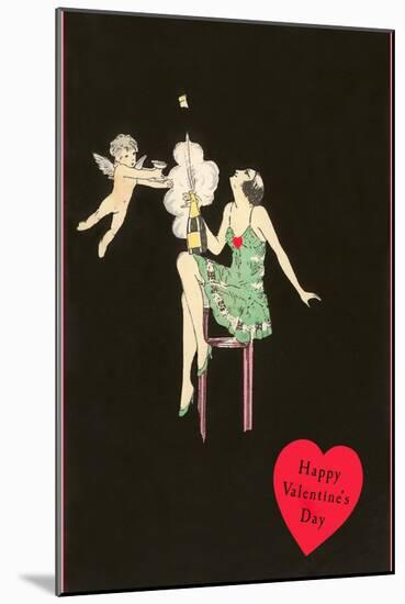 Happy Valentines Day, Flapper Popping Champagne Bottle-null-Mounted Art Print