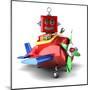 Happy Vintage Toy Robot Sitting in a Toy Plane over White Background-badboo-Mounted Art Print