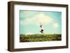 Happy Woman Jumping on Blossom Meadow. Beautiful Day on Field.-B-D-S-Framed Photographic Print