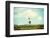 Happy Woman Jumping on Blossom Meadow. Beautiful Day on Field.-B-D-S-Framed Photographic Print