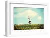 Happy Woman Jumping on Blossom Meadow. Beautiful Day on Field.-B-D-S-Framed Photographic Print