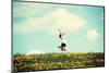 Happy Woman Jumping on Blossom Meadow. Beautiful Day on Field.-B-D-S-Mounted Photographic Print